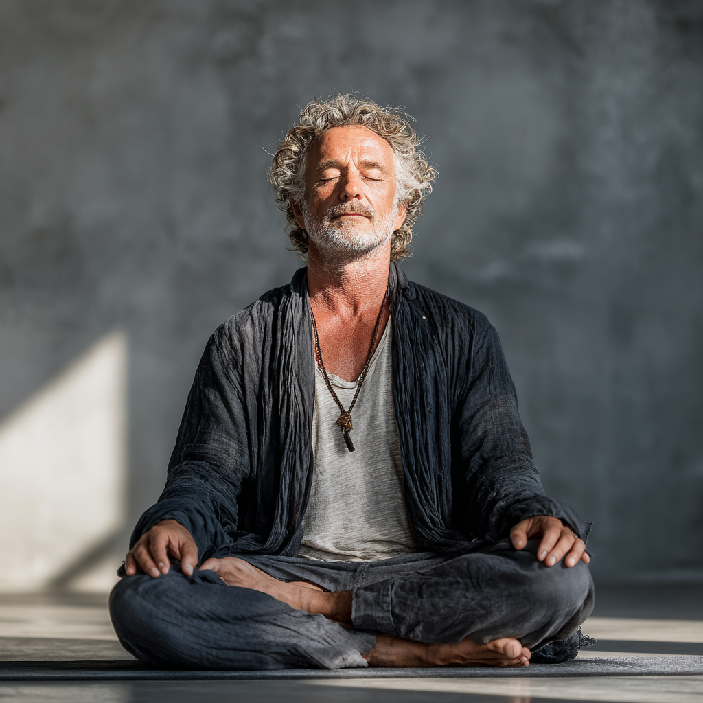 A middle-aged man around 50 years old with grey temples sitting in lotus meditation pose on a yoga mat in a minimalist studio space, wearing loose comfortable clothing, eyes closed in peaceful concentration, soft morning light creating a serene atmosphere