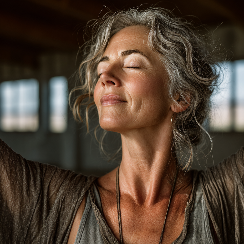 A woman in her late 40s with silver-streaked hair practicing yoga in a serene studio setting